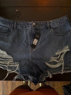 Fashion Nova Distressed Ripped High-Rise Denim Shorts - Dark Blue